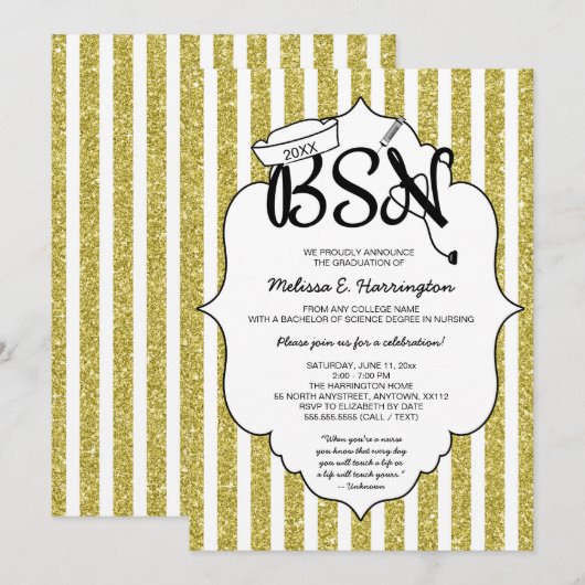 Gouden Glitter Nurse BSN pinning ceremonie Kaart (Voorkant / Achterkant)