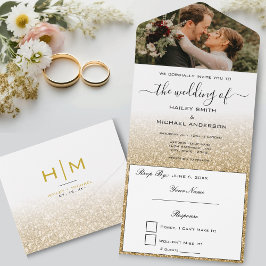 Gouden Glitter Ombre Elegante moderne foto bruilof All In One Uitnodiging