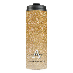 Gouden Glitter Ombre Meisjesachtige Monogram Naam Thermosbeker