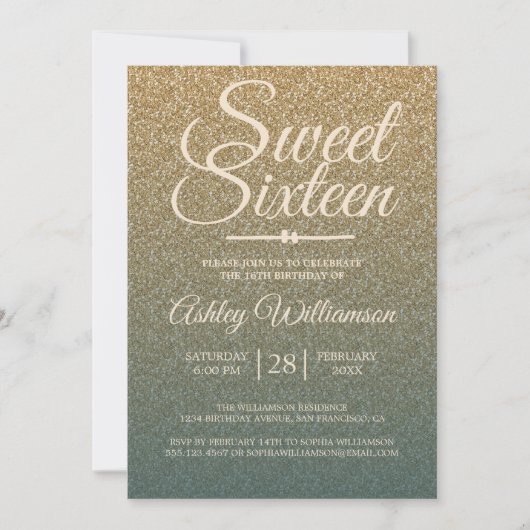 Gouden Glitter Ombre Smaragd Sweet 16 Verjaardag Kaart (Voorkant)
