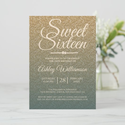 Gouden Glitter Ombre Smaragd Sweet 16 Verjaardag Kaart (Staand voorkant)