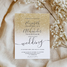 gouden glitter ombre white script chic bruiloft kaart