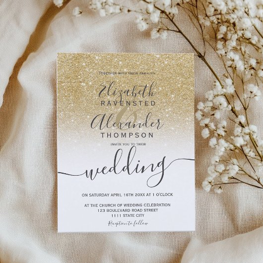 gouden glitter ombre white script chic bruiloft kaart