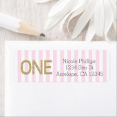 Gouden Glitter ONE 1e Pink Stripes Adresetiketten Etiket (Insitu)