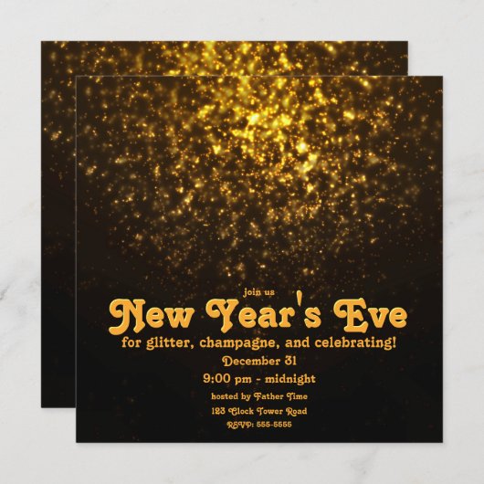 Gouden Glitter op Black New Year's Eve Party Kaart (Voorkant / Achterkant)