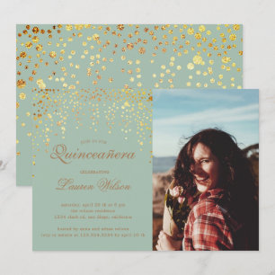 gouden glitter op groene Quinceanera foto uitnodig Kaart