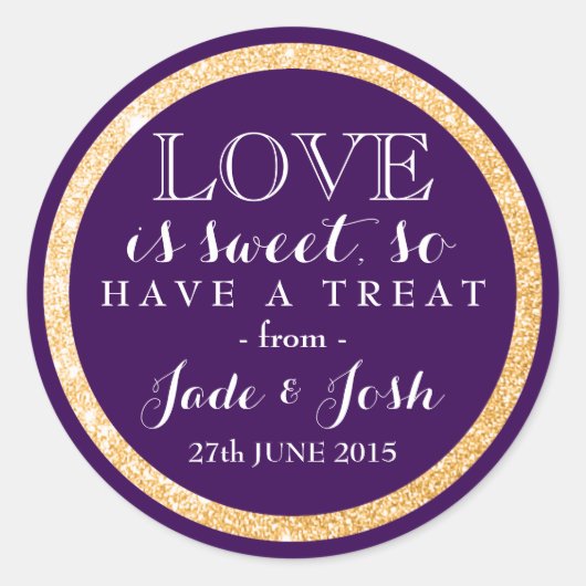 Gouden Glitter op Plum Paarse Wedding Favor Label (Voorkant)
