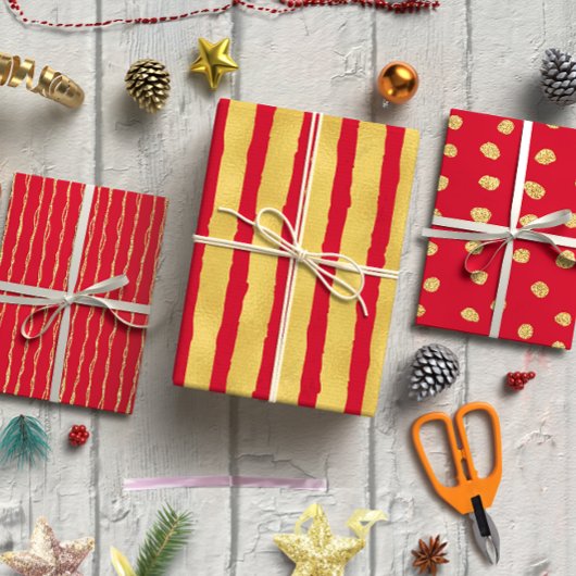 Gouden glitter op rode kerstset van 3 inpakpapier vel