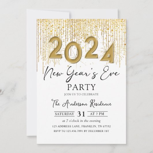 Gouden Glitter Oud en Nieuw Feest 2024 Uitnodiging (Voorkant)