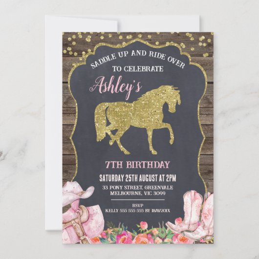 Gouden Glitter Paard Zadel omhoog Verjaardag uitno Kaart (Voorkant)