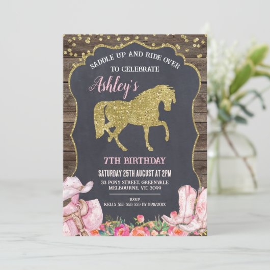 Gouden Glitter Paard Zadel omhoog Verjaardag uitno Kaart (Staand voorkant)