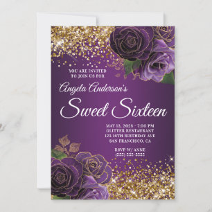 Gouden Glitter Paarse Floral Glam Sweet Sixteen Kaart