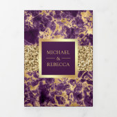 Gouden Glitter Paarse Marmeren Foto Bruiloft Drieluik Uitnodiging (Cover)