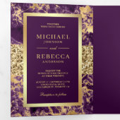 Gouden Glitter Paarse Marmeren Foto Bruiloft Drieluik Uitnodiging (Binnenzijde eerst)