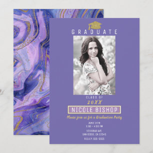 Gouden glitter paarse marmeren glam afstudeerfeest kaart