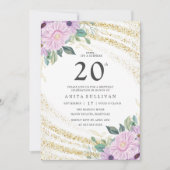 Gouden Glitter Paarse Roos Twintigste Verjaardag Kaart (Voorkant)