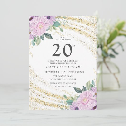 Gouden Glitter Paarse Roos Twintigste Verjaardag Kaart (Staand voorkant)