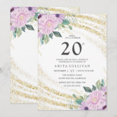 Gouden Glitter Paarse Roos Twintigste Verjaardag Kaart (Voorkant / Achterkant)