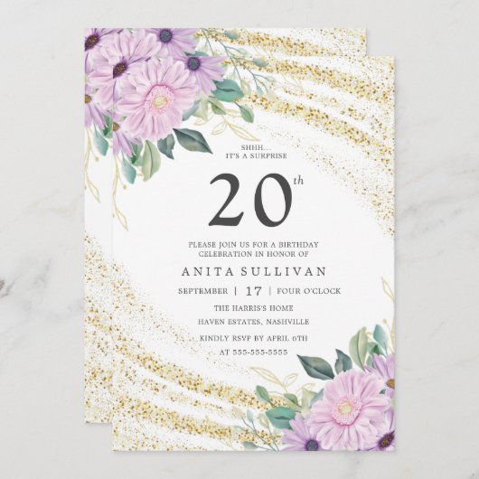 Gouden Glitter Paarse Roos Twintigste Verjaardag Kaart (Voorkant / Achterkant)