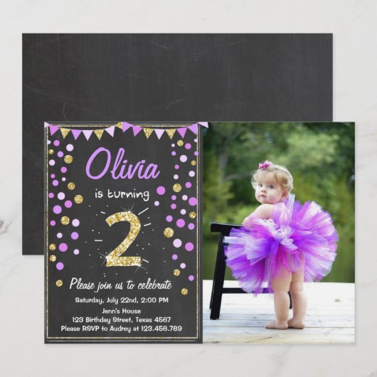 Gouden glitter Paarse Roze Verjaardag Uitnodiging (Voorkant / Achterkant)