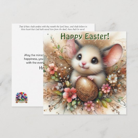 Gouden Glitter Paasei en Muis Roze Bloemen Feestdagenkaart (Voorkant / Achterkant)