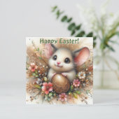 Gouden Glitter Paasei en Muis Roze Bloemen Feestdagenkaart (Staand voorkant)