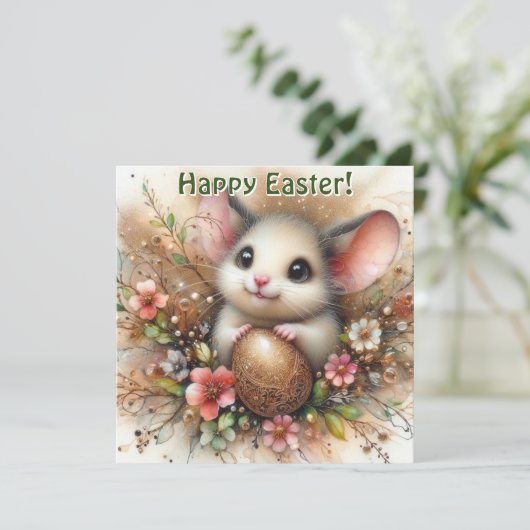 Gouden Glitter Paasei en Muis Roze Bloemen Feestdagenkaart (Staand voorkant)