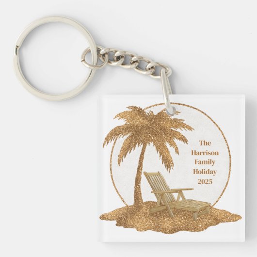 Gouden Glitter Palm Tree met aangepaste tekst Sleutelhanger (voorkant)