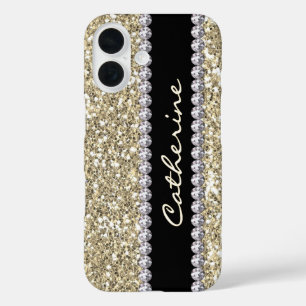 Gouden Glitter Pareltjes met naam en Mongram iPhone 16 Hoesje