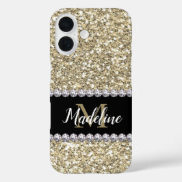 Gouden Glitter Pareltjes met naam en Mongram iPhone 16 Hoesje
