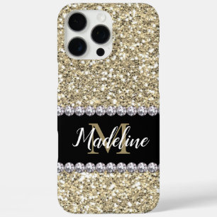 Gouden Glitter Pareltjes met naam en Mongram iPhone 16 Pro Max Hoesje