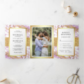 Gouden Glitter Pastel Lavendel Marmer Foto Bruilof Drieluik Uitnodiging (Binnen)