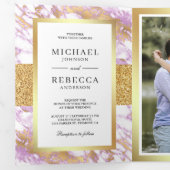 Gouden Glitter Pastel Lavendel Marmer Foto Bruilof Drieluik Uitnodiging (Binnenzijde eerst)