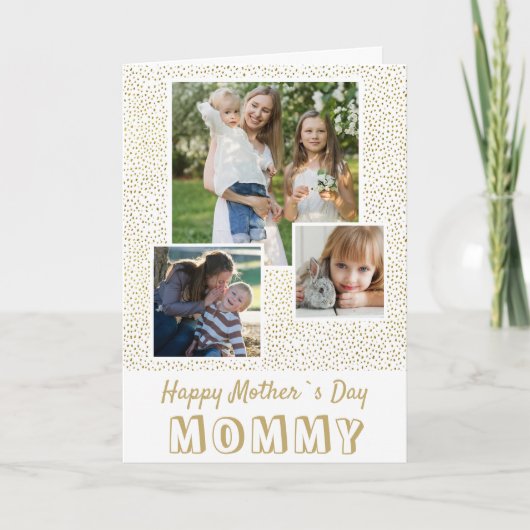 Gouden Glitter Patroon Gelukkige Moederdag 3 Foto Kaart (Voorkant)