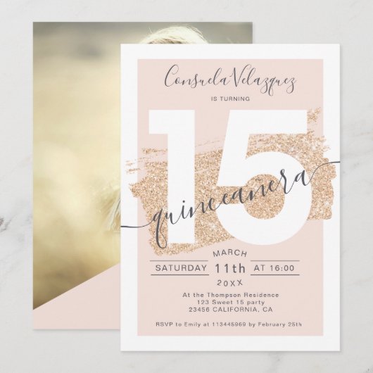 Gouden glitter penseelstreek blos quinceanera foto kaart (Voorkant / Achterkant)