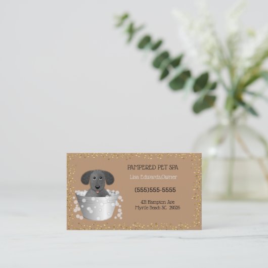 Gouden Glitter Pet Bathing en Grooming Afspraak Afsprakenkaartje (Staand voorkant)