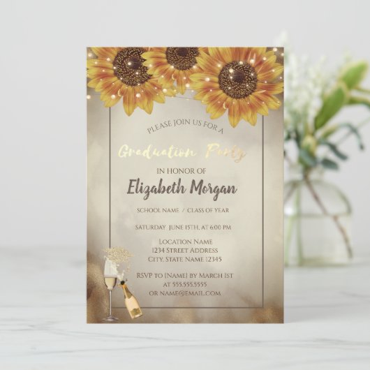 Gouden Glitter Pet, Wijn, Glas, Zonnebloemen Goude Kaart (Staand voorkant)