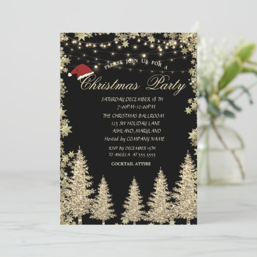 Gouden Glitter Pine Tree, Stars Christmas Company Kaart (Staand voorkant)