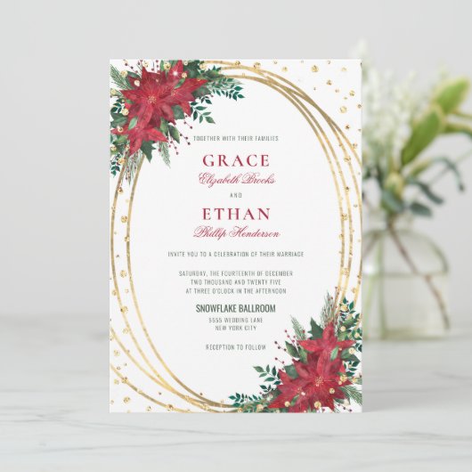 Gouden Glitter Poinsettia Kerstbruiloft Kaart (Staand voorkant)