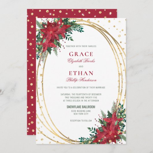 Gouden Glitter Poinsettia Kerstbruiloft Kaart (Voorkant / Achterkant)