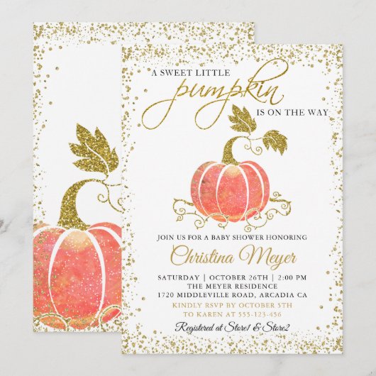 Gouden Glitter Pompoen Geslacht Neutrale Baby Show Kaart (Voorkant / Achterkant)