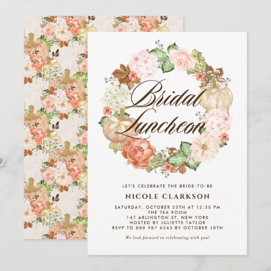 Gouden Glitter Pompoenen Krans Herfst Bruids Lunch Kaart (Voorkant / Achterkant)