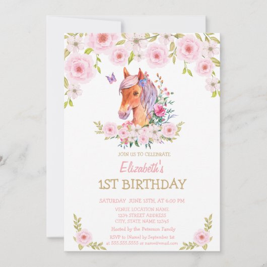 Gouden Glitter Pony Bloem Verjaardag Kaart (Voorkant)