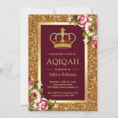 Gouden Glitter Prinses Bourgondië Floral Aqiqah Kaart (Voorkant)
