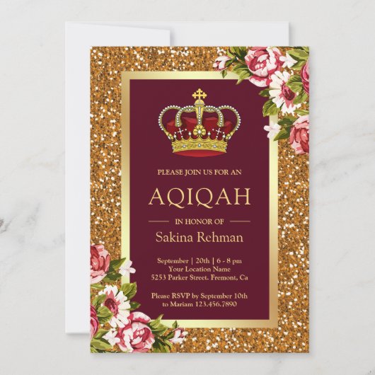 Gouden Glitter Prinses Bourgondië Floral Aqiqah Kaart (Voorkant)