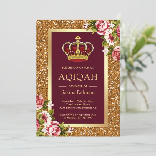 Gouden Glitter Prinses Bourgondië Floral Aqiqah Kaart (Staand voorkant)