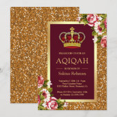 Gouden Glitter Prinses Bourgondië Floral Aqiqah Kaart (Voorkant / Achterkant)