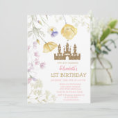 Gouden Glitter Prinses Kasteel Wildbloemen Verjaar Kaart (Staand voorkant)