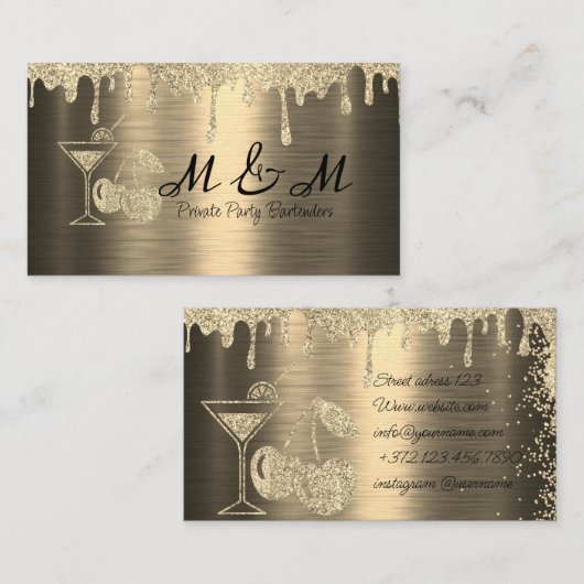 Gouden Glitter Private Party Bartender Visitekaartje (Voorkant / Achterkant)