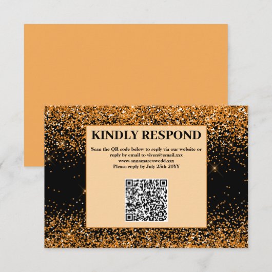 Gouden Glitter QR Code Huwelijks RSVP Kaart (Voorkant / Achterkant)